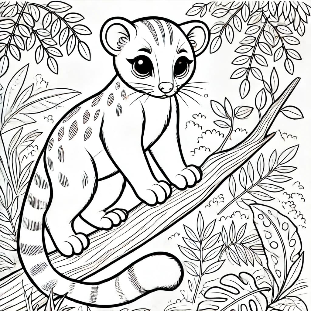 Ausmalbild - Fossa auf einem Baum - Fossa, Madagaskar, Raubtier, Dschungel