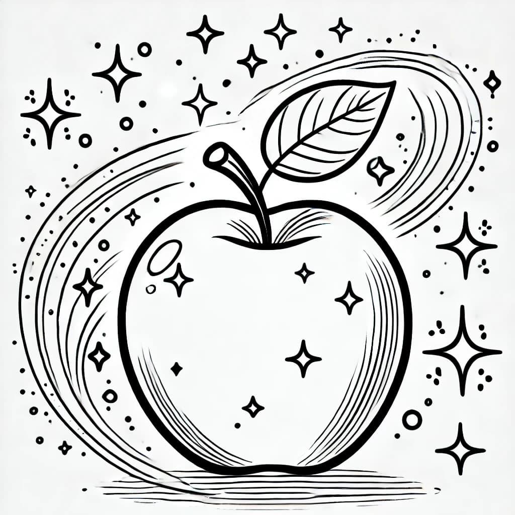 Ausmalbild - Der geheimnisvolle Apfel - Apfel, Magie, Schimmer, Obst
