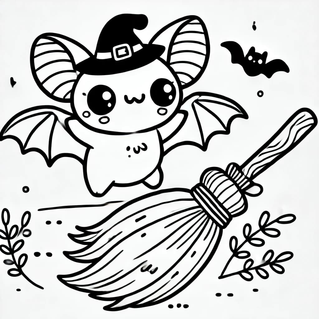 Ausmalbild - Fledermaus mit Hexenbesen - Fledermaus, Hexe, Besen, Magie