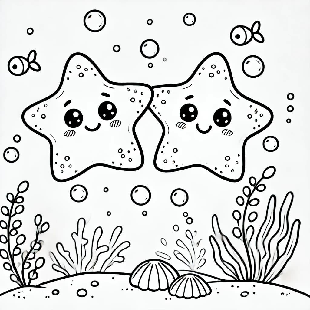 Ausmalbild - Verliebte Seesterne - Seestern, Meer, Liebe, Unterwasser