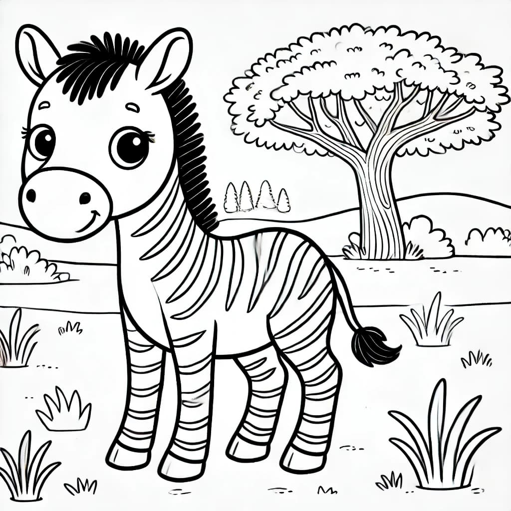 Ausmalbild - Zebra in der Savanne - Zebra, Savanne, Gras, Bäume