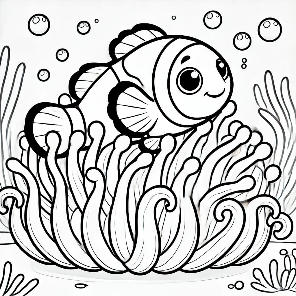 Ausmalbild - Clownfisch in der Anemone - Clownfisch, Anemone, Meer, Unterwasser