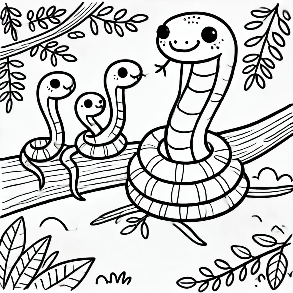Ausmalbild - Familie Schlange im Dschungel - Schlange, Familie, Dschungel, Baum