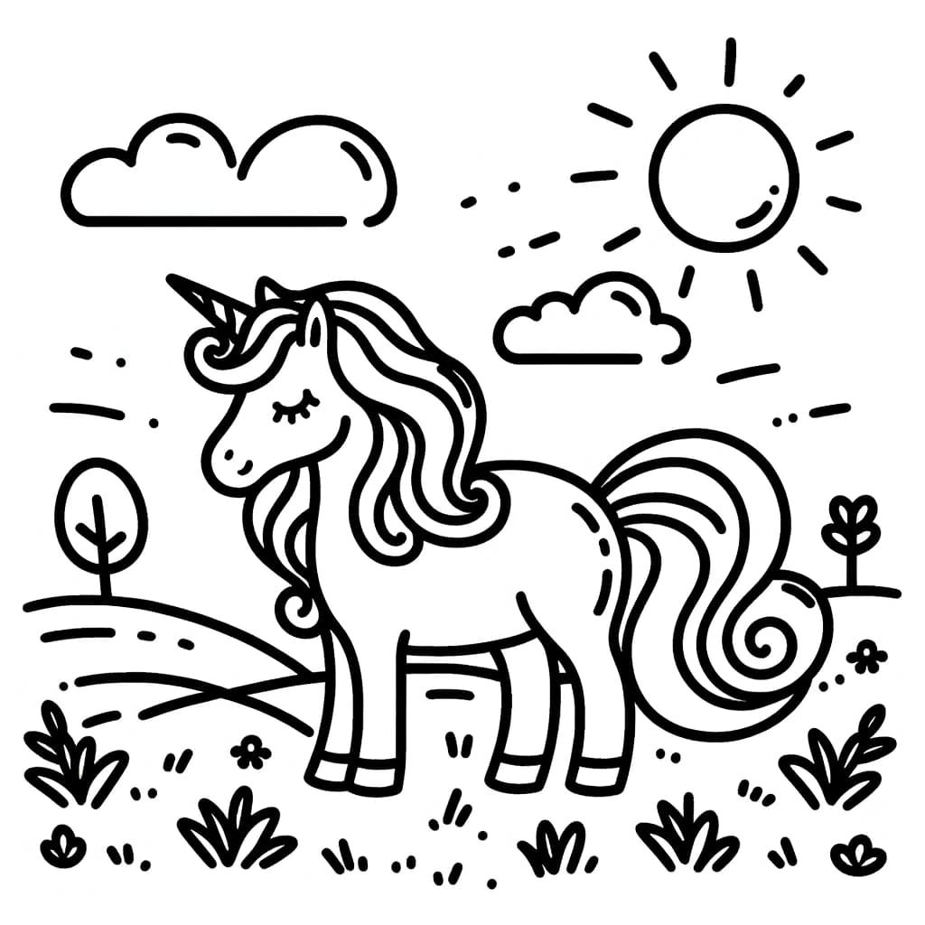 Ausmalbild - Einhorn im Wiesenland - Einhorn, Wiese, Wolken, Sonne