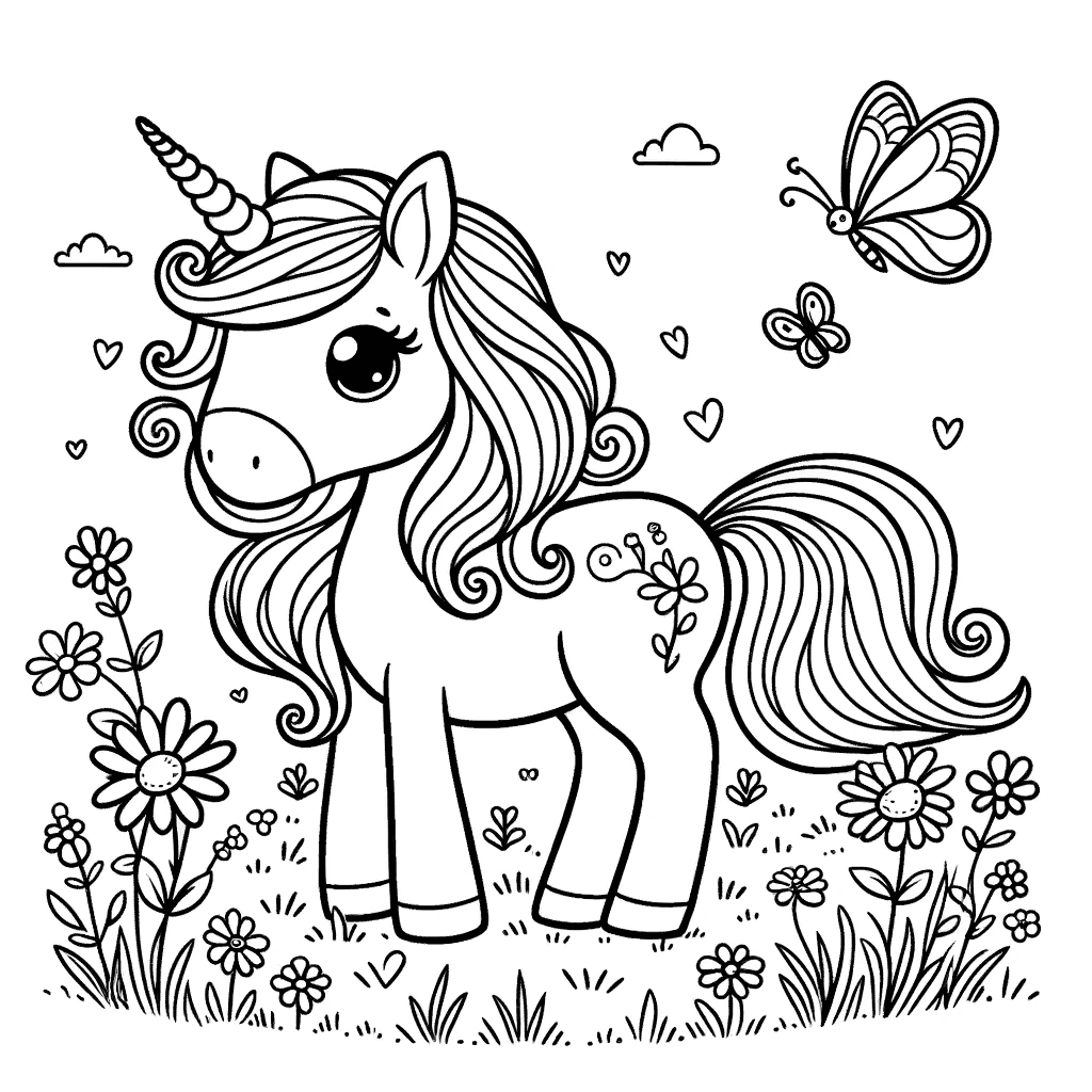 Ausmalbild - Das magische Einhorn in der Wiese - Einhorn, Wiese, Blumen, Schmetterlinge
