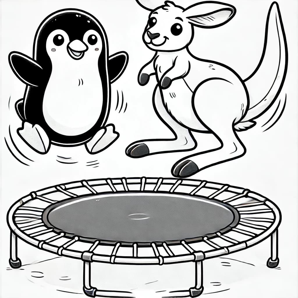 Ausmalbild - Pinguin und Känguru auf dem Trampolin - Pinguin, Känguru, Trampolin, Springen