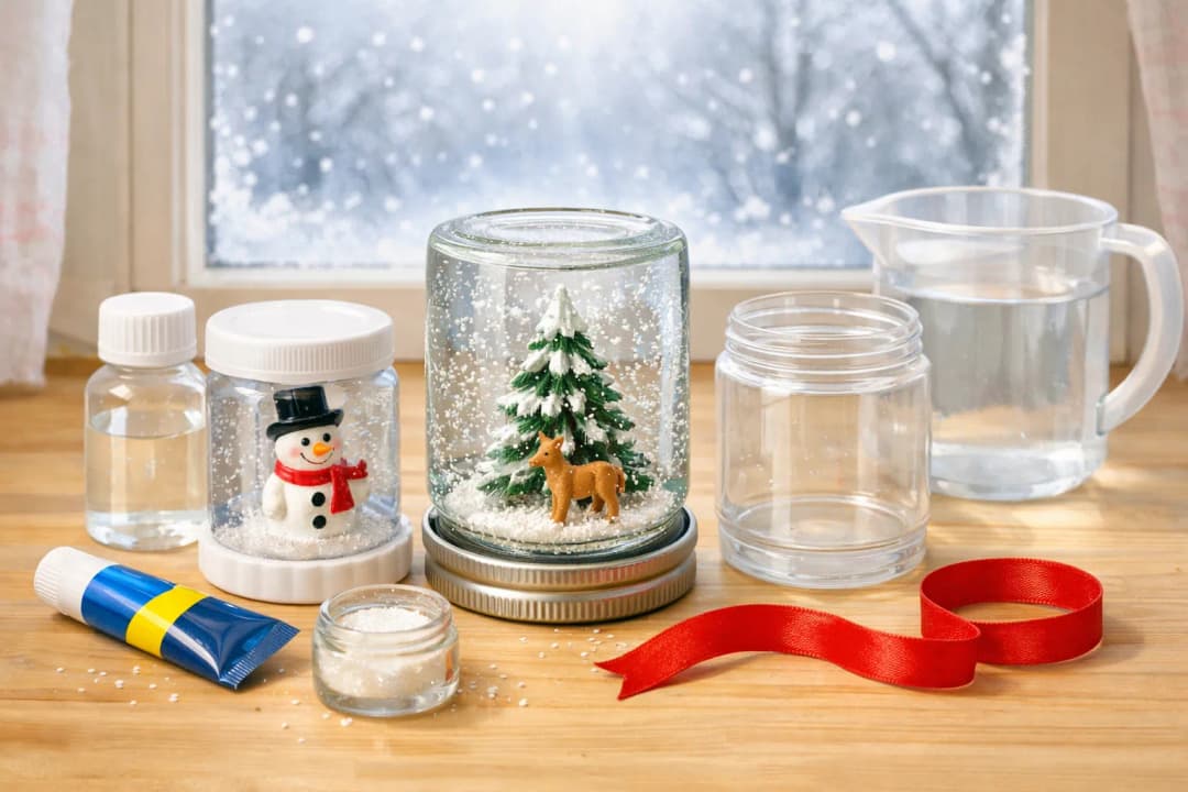 Eine selbst gemachte Schneekugel steht auf einem Holztisch vor einem beschlagenen Winterfenster: ein umgedrehtes Schraubglas, dessen Metalldeckel jetzt der Sockel ist, darin ein kleiner verschneiter Tannenbaum und ein braunes Reh, umgeben von weißem Glitzer im Wasser. Daneben eine bruchsichere Variante aus einer durchsichtigen Kunststoffdose mit einem Schneemann darin und ein leeres Glas. Davor liegen eine Flasche Glyzerin, eine Tube wasserfester Kleber, ein Glasschälchen mit weißem Glitzer, eine Kanne mit klarem Wasser und ein rotes Geschenkband.