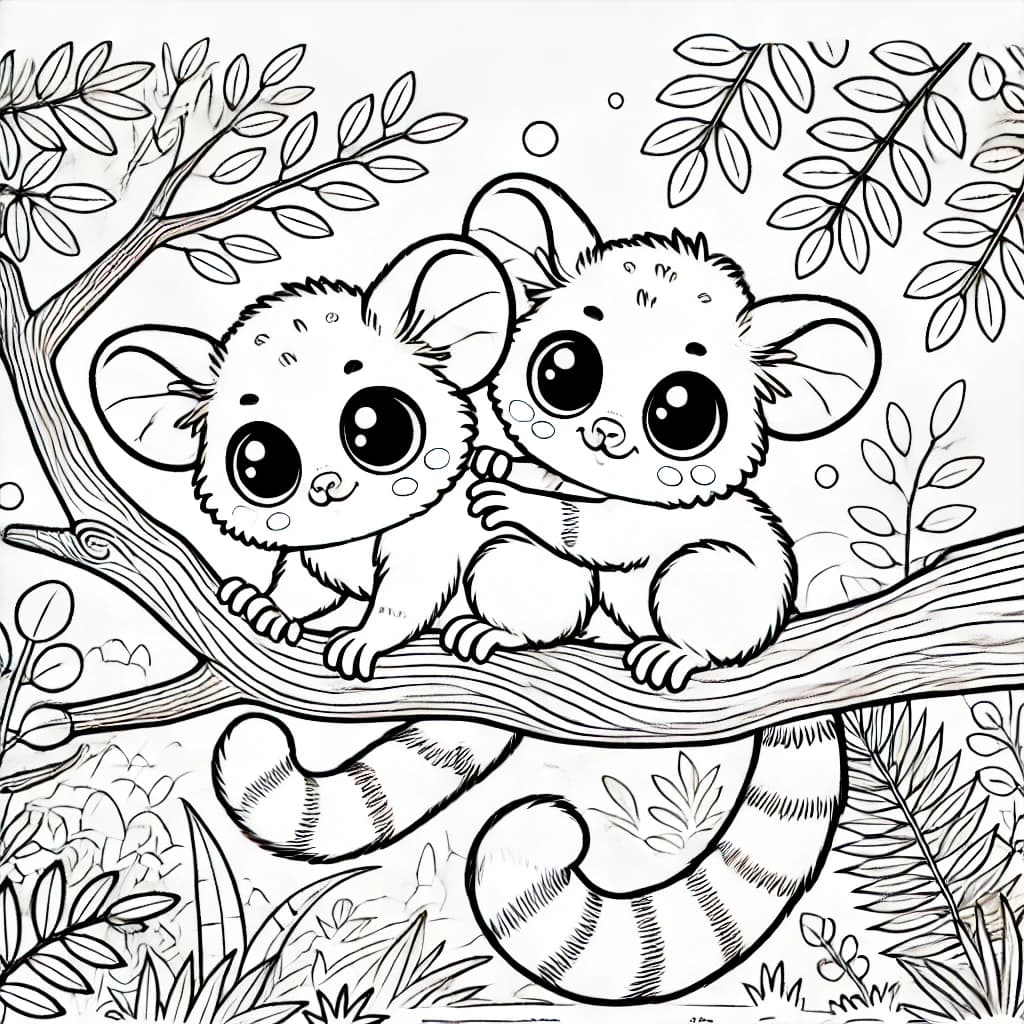 Ausmalbild - Zwei Mausmakis im Dschungel - Mausmaki, Lemur, Dschungel, Äste