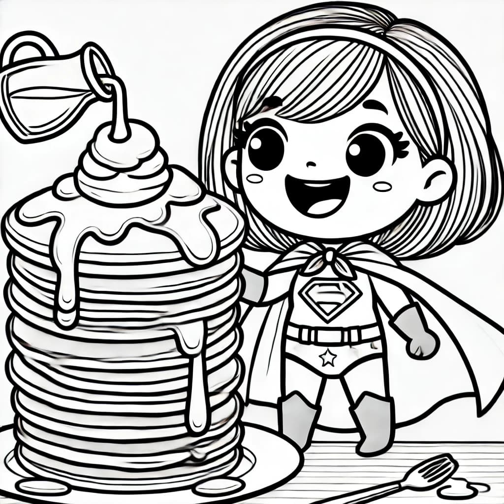Ausmalbild - Superheldin mit Superhunger! - Superheldin, Pfannkuchen, Essen, Spaß