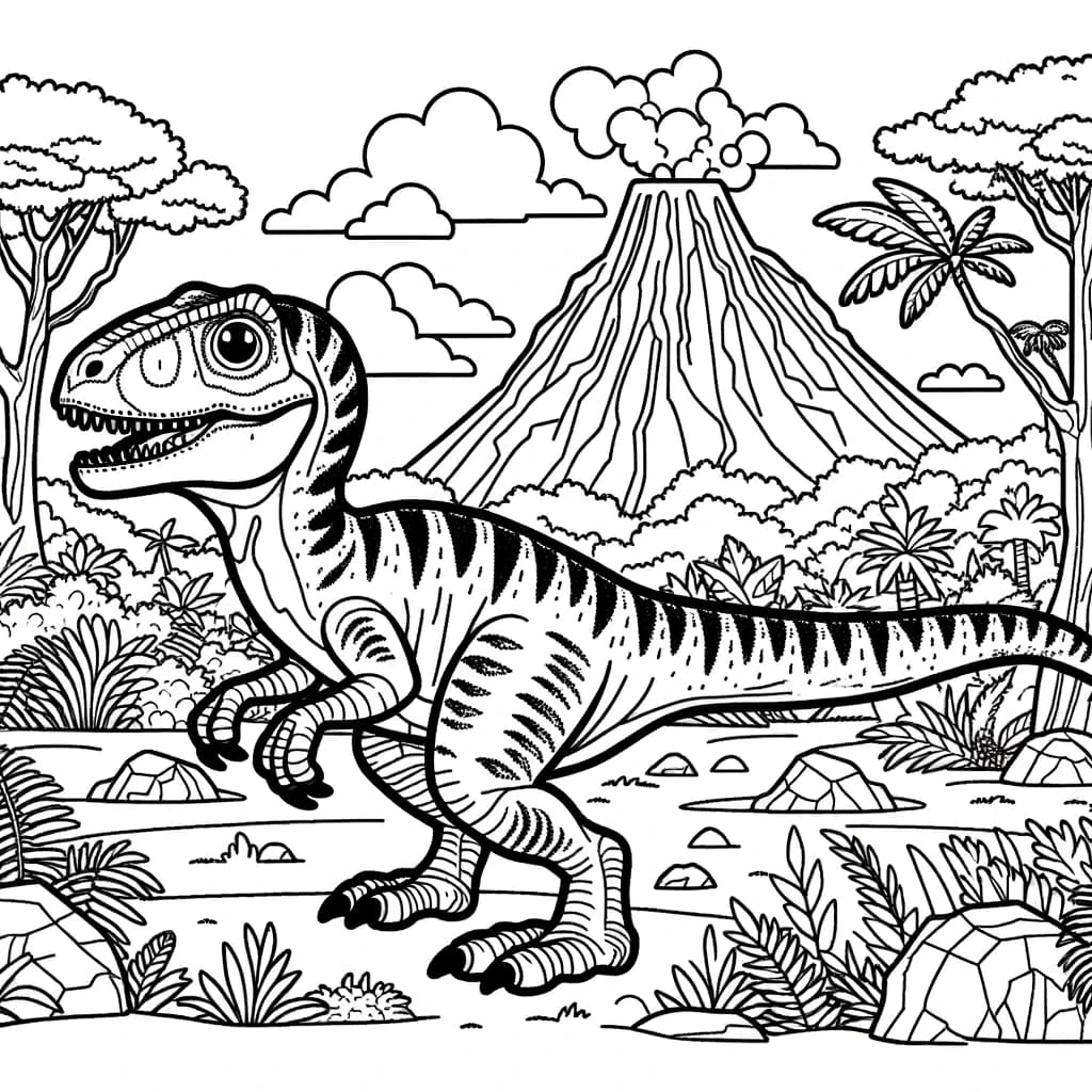 Ausmalbild - Freundlicher Velociraptor im Urzeitland - Velociraptor, Urzeit, Bäume, Felsen