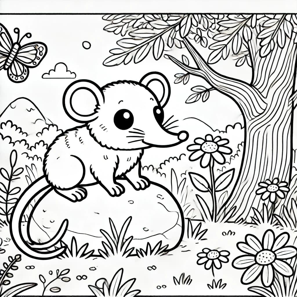 Ausmalbild - Sengi im Wald - Sengi, Wald, Natur, Schmetterling
