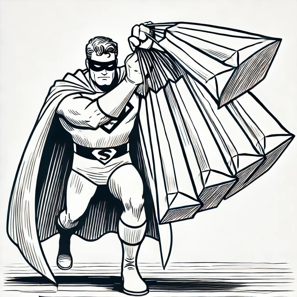 Ausmalbild - Superheld mit Rieseneinkaufstüten - Superheld, Einkauf, Kraft, Comic
