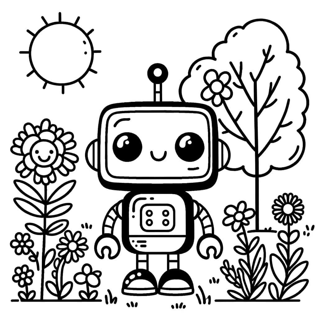 Ausmalbild - Freundlicher Roboter im Garten - Roboter, Garten, Blumen, Baum