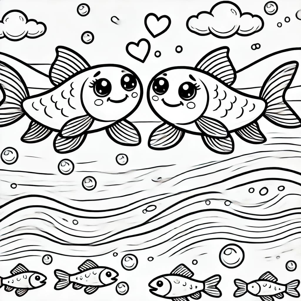 Ausmalbild - Verliebte Lachse im Fluss - Lachs, Fische, Liebe, Fluss
