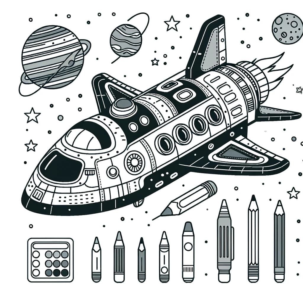 Ausmalbild - Raumschiff Abenteuer im Weltraum - Raumschiff, Weltraum, Sterne, Planeten