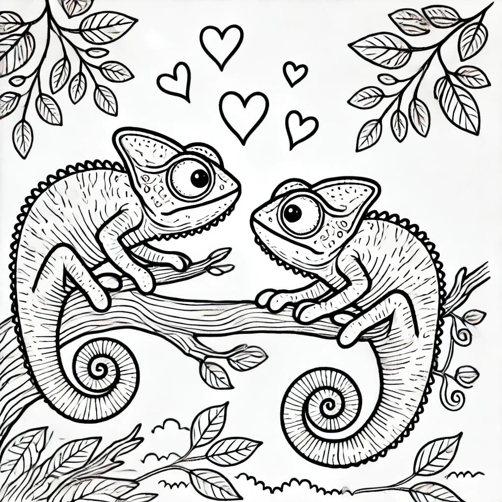 Ausmalbild - Verliebte Chamäleons - Chamäleon, Liebe, Herz, Baum