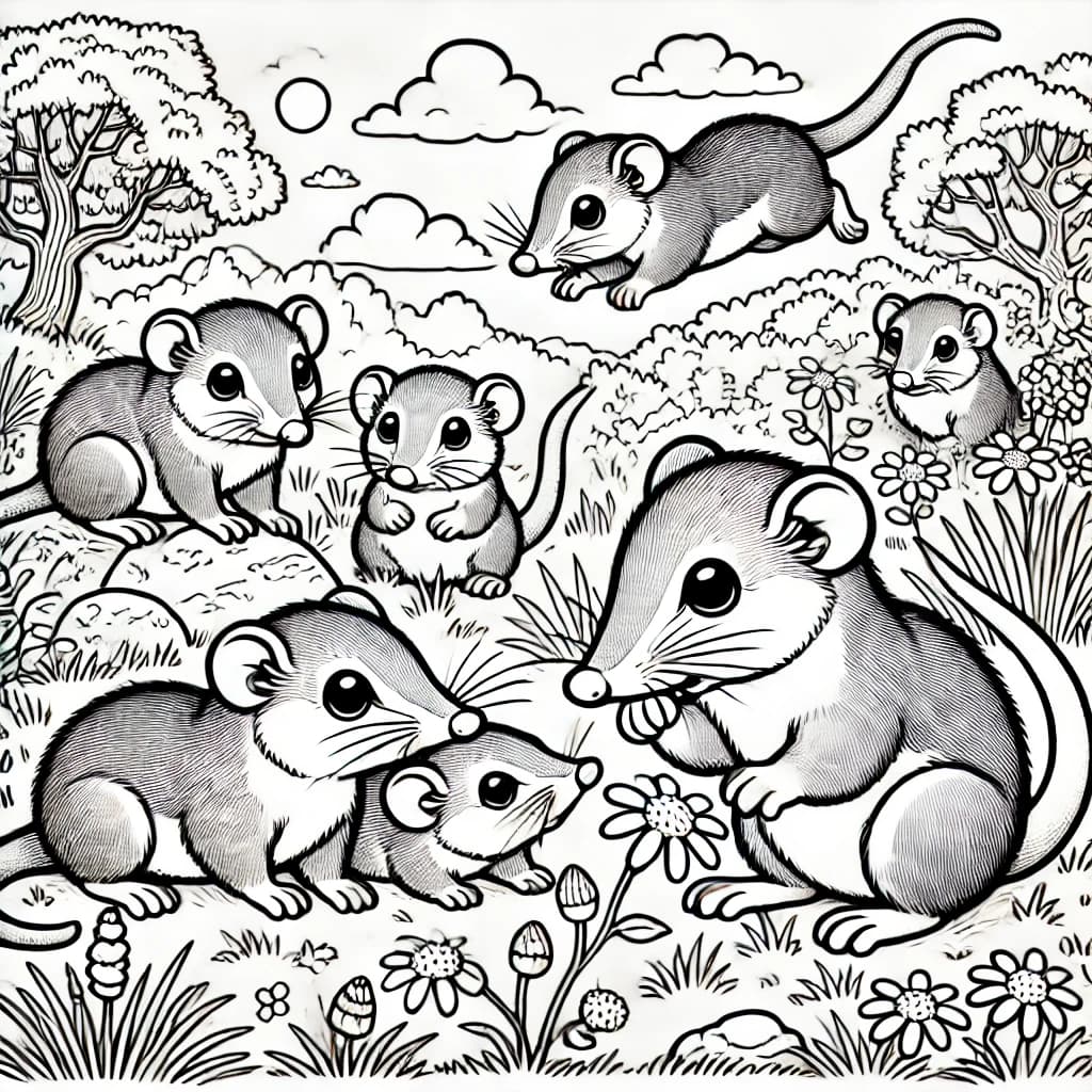 Ausmalbild - Spielende Sengis im Grasland - Sengi, Elefantenspitzmaus, Wiese, Tiere