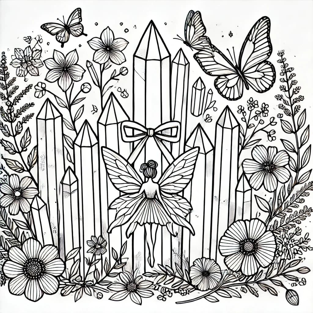 Ausmalbild - Magische Kristallpyramide mit Elfe - Kristalle, Pyramide, Schleife, Blumen