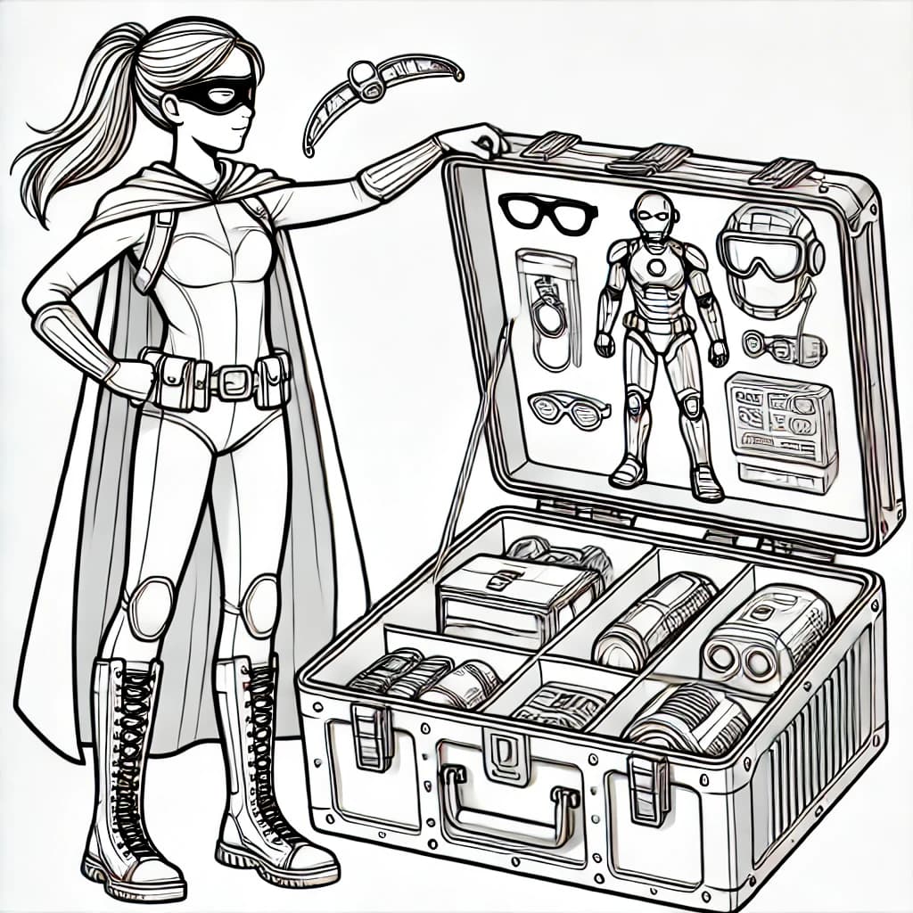 Ausmalbild - Superheldin und ihr Geheimversteck - Superheldin, Geheimversteck, Gadgets, Technik