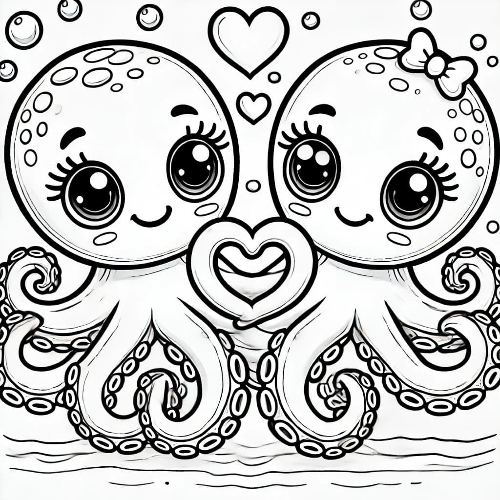 Ausmalbild - Verliebte Kraken - Ozean, Kraken, Liebe, Herz
