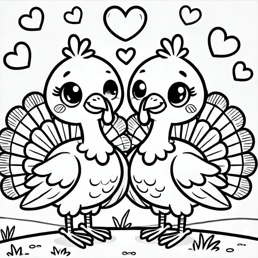 Ausmalbild - Verliebte Truthähne - Truthahn, Liebe, Herz, Vögel