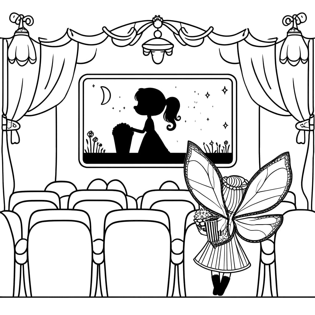 Ausmalbild - Die Fee im Kino - Fee, Kino, Popcorn, Filmleinwand