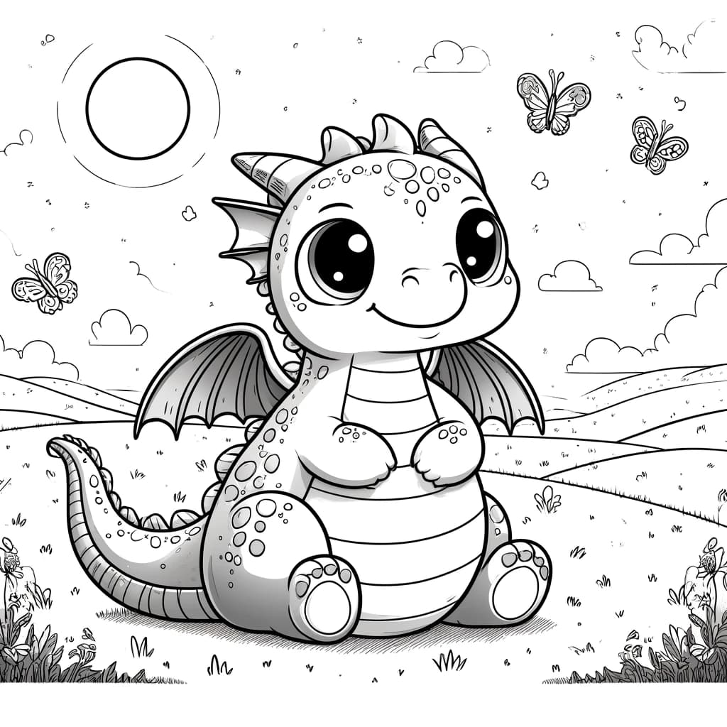 Ausmalbild - Der freundliche Drache im Wiesental - Drache, Wiese, Sonne, Schmetterlinge