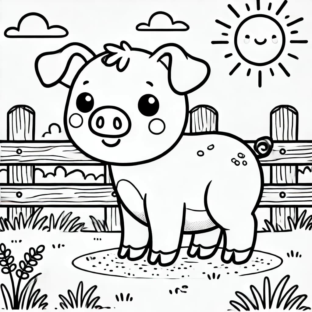 Ausmalbild - Lustiges Schwein auf dem Bauernhof - Schwein, Bauernhof, Tier, Zaun