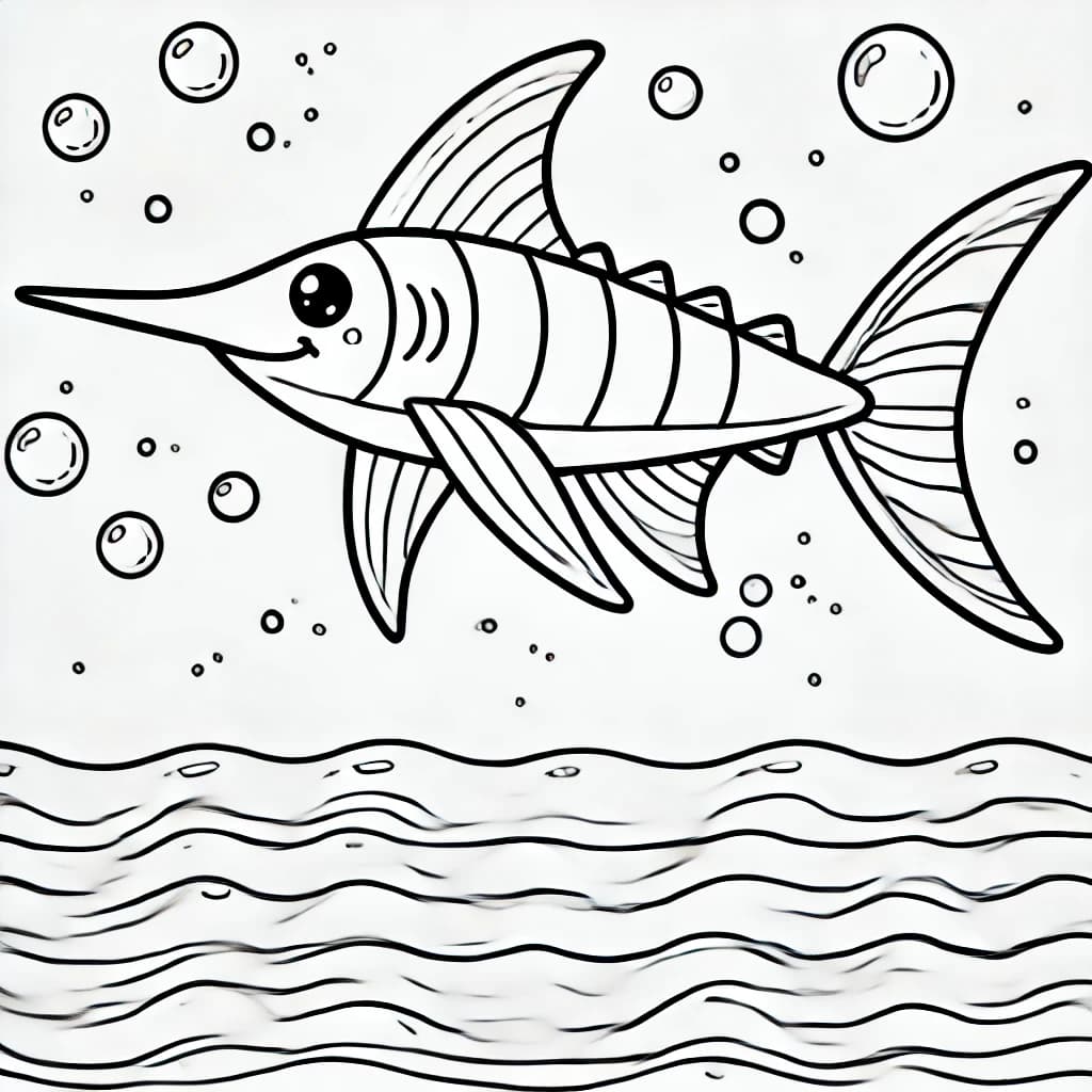 Ausmalbild - Schwertfisch im Meer - Schwertfisch, Meer, Fische, Unterwasser