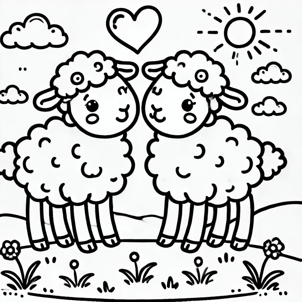 Ausmalbild - Verliebte Schafe - Schafe, Liebe, Herz, Wiese