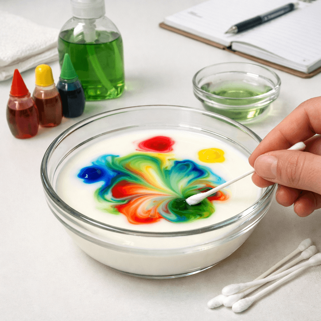 Experiment experimentieren - Experiment mit Milch und Spülmittel: bunte Farbwirbel ab 4 Jahren