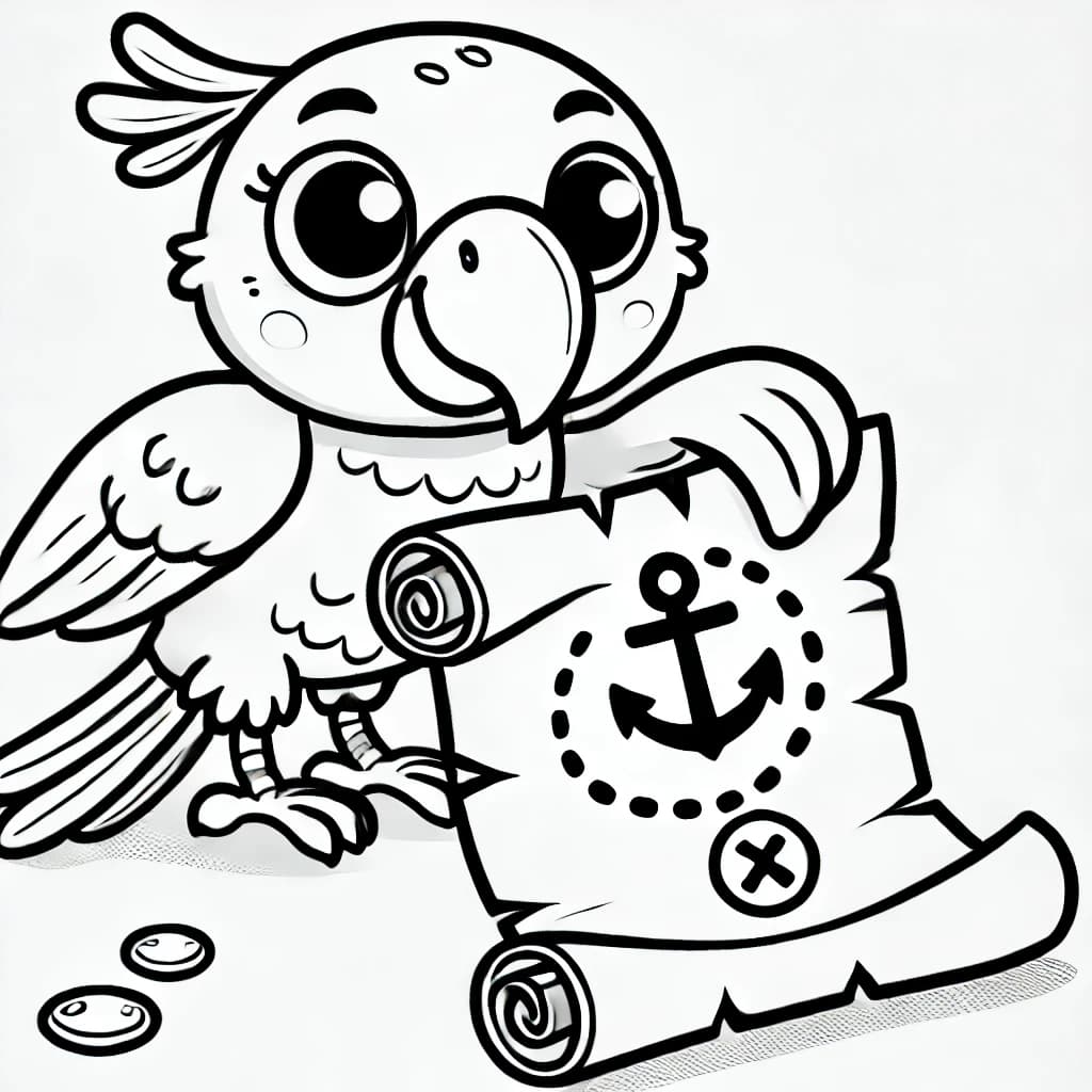 Ausmalbild - Der Papagei und die Schatzkarte - Papagei, Schatzkarte, Piraten, Abenteuer
