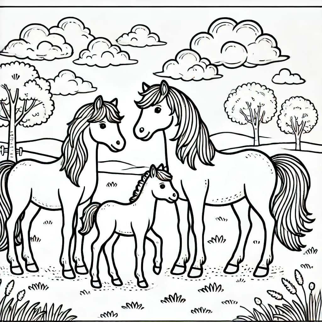 Ausmalbild - Pferdefamilie auf der Wiese - Pferd, Fohlen, Familie, Wiese