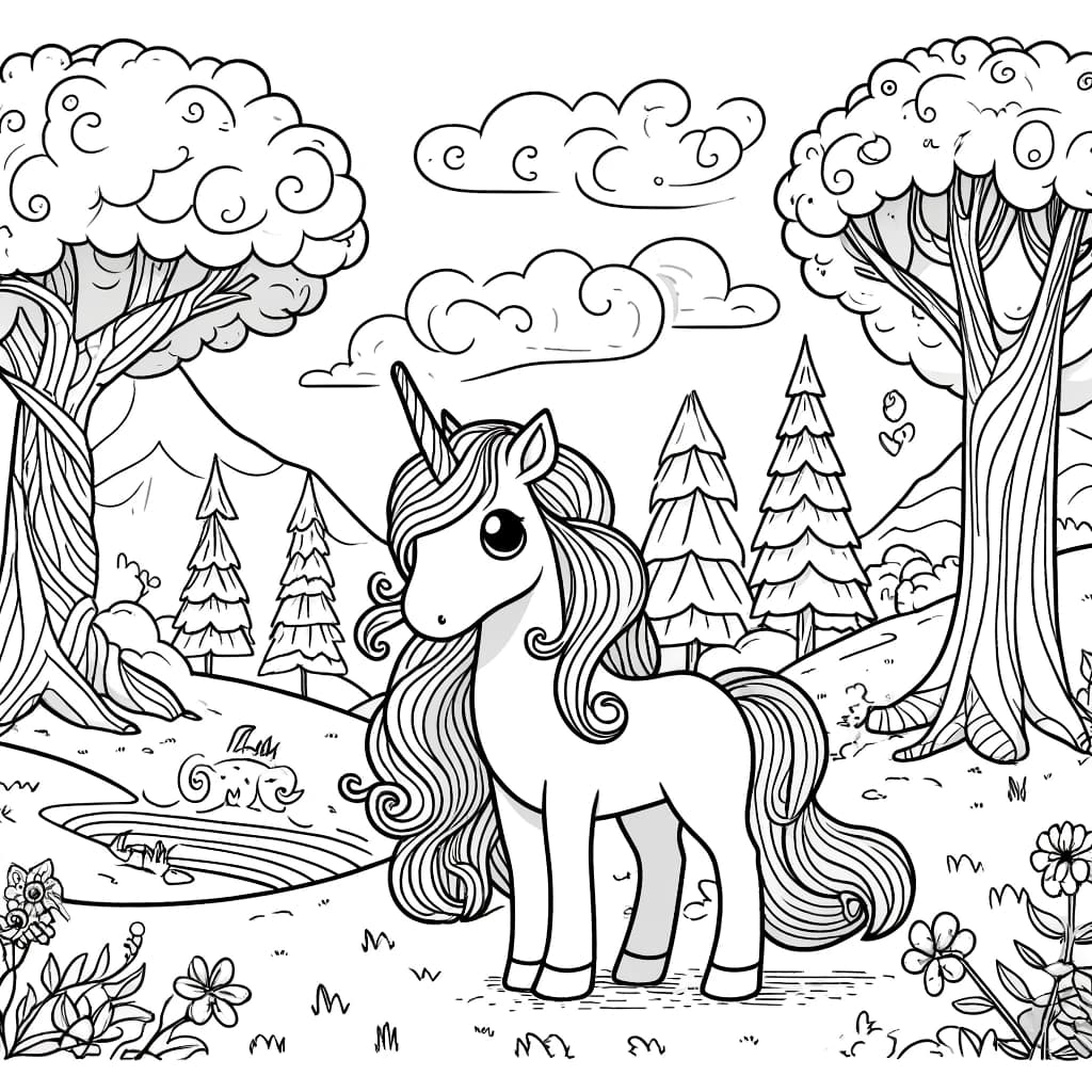 Ausmalbild - Das magische Einhorn im Zauberwald - Einhorn, Zauberwald, Bäume, Blumen