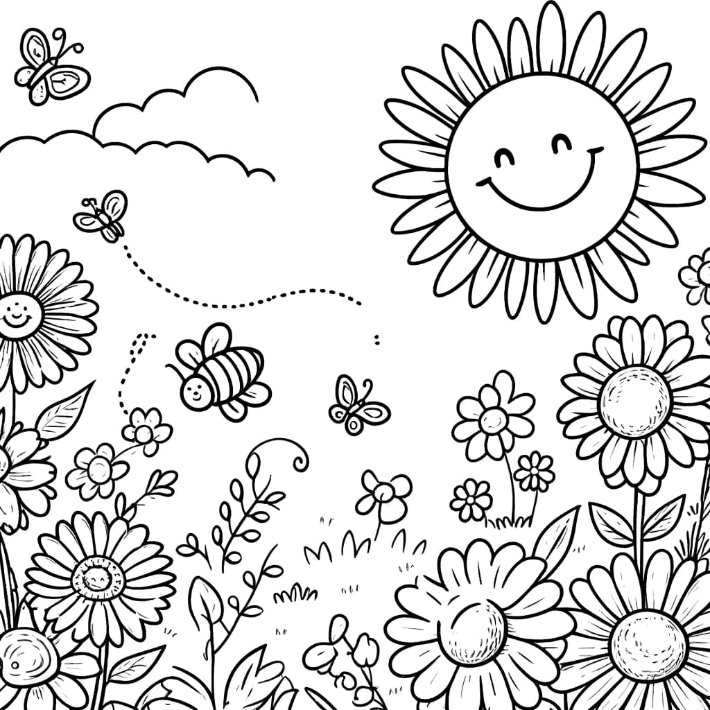 Ausmalbild - Fröhlicher Garten - Garten, Blumen, Sonne, Schmetterlinge