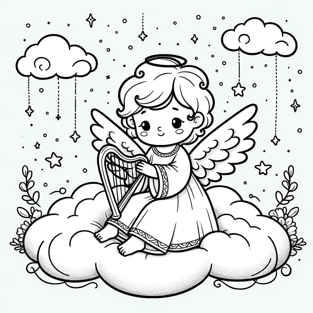 Ausmalbild - Der Engel auf der Wolke - Engel, Wolke, Harfe, Sterne