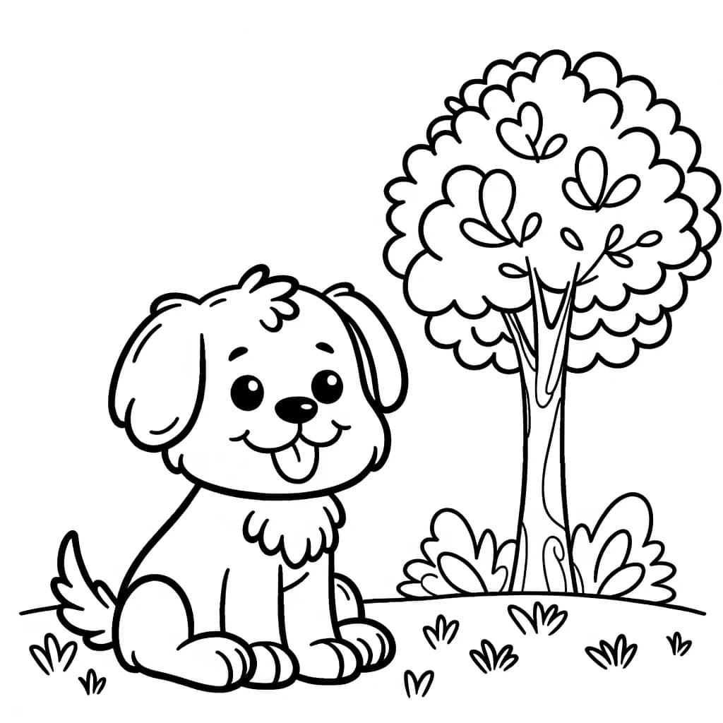 Ausmalbild - Glücklicher Hund im Park - Hund, Park, Baum, Gras