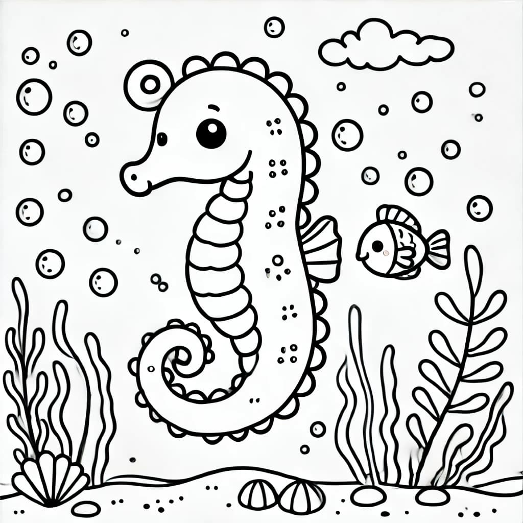 Ausmalbild - Fröhliches Seepferdchen im Meer - Seepferdchen, Meer, Unterwasser, Fisch