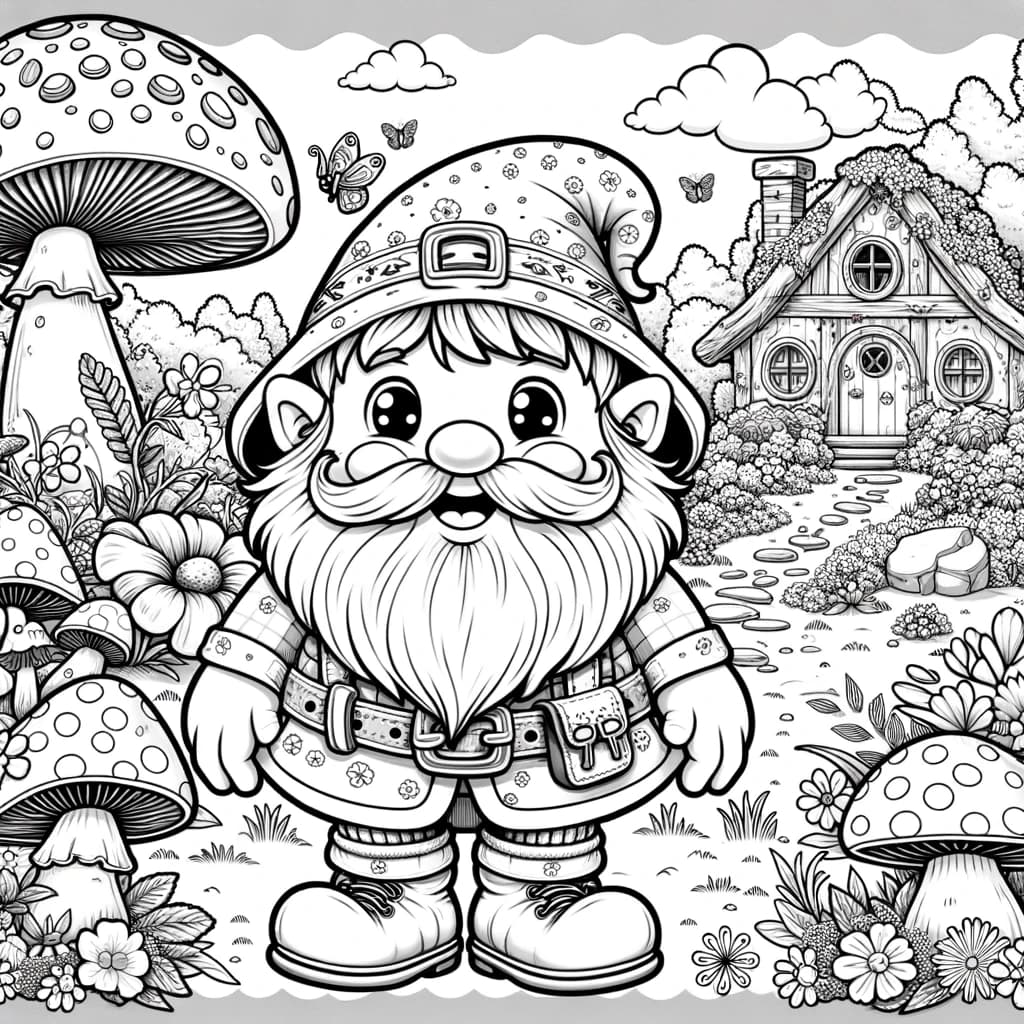 Ausmalbild - Der freundliche Zwerg im Zauberwald - Zwerg, Zauberwald, Pilze, Blumen