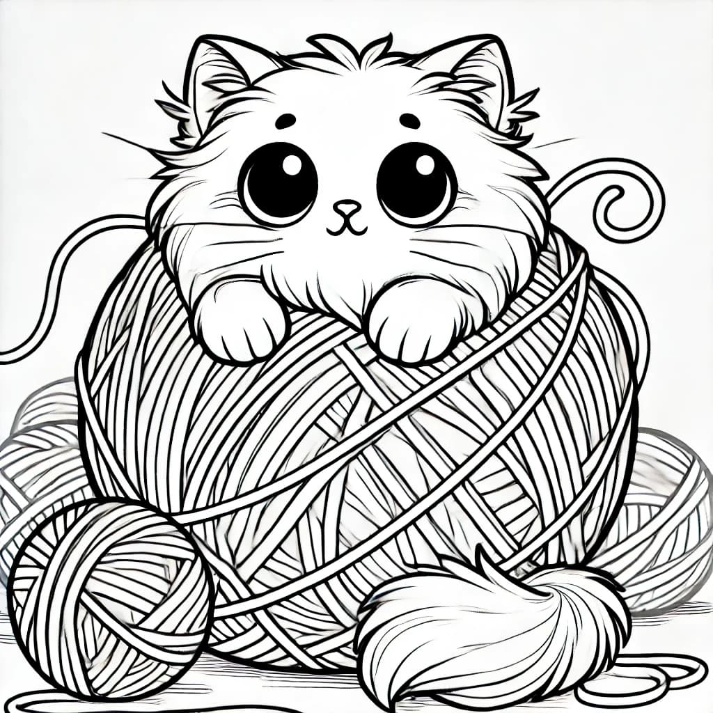 Ausmalbild - Verhedderte Katzenkugel - Katze, Wollknäuel, Kugelfisch, lustig