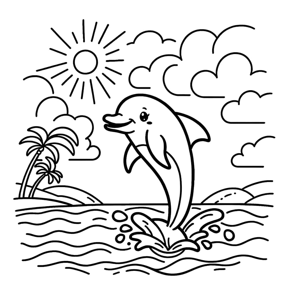 Ausmalbild - Der fröhliche Delfin - Delfin, Meer, Sonne, Wolken