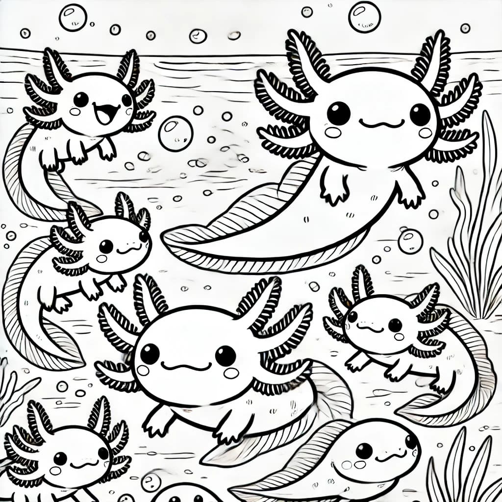 Ausmalbild - Axolotl im Teich - Axolotl, Fische, Teich, Wasser