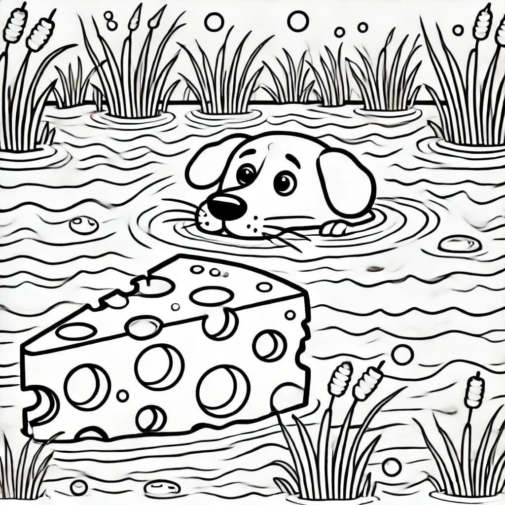 Ausmalbild - Der schwimmende Käse im Sumpf - Sumpf, Käse, Hund, Wasser