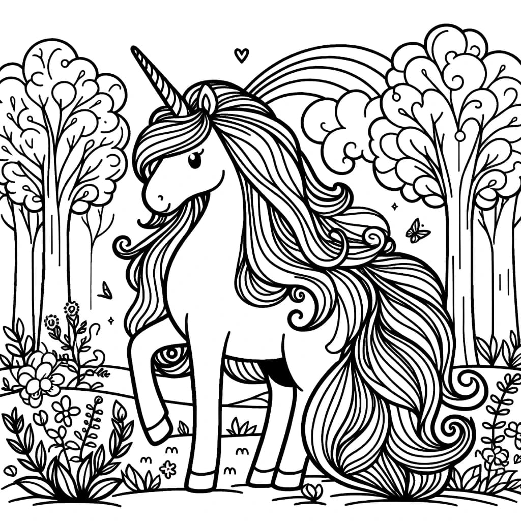 Ausmalbild - Einhorn im magischen Wald - Einhorn, magischer Wald, Bäume, Blumen