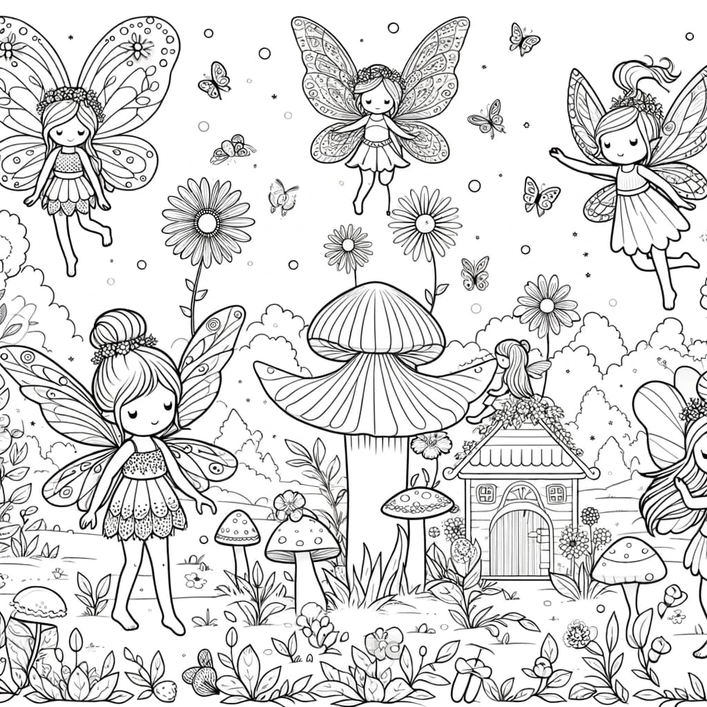 Ausmalbild - Feen im Zauberwald - Feen, Zauberwald, Blumen, Pilze