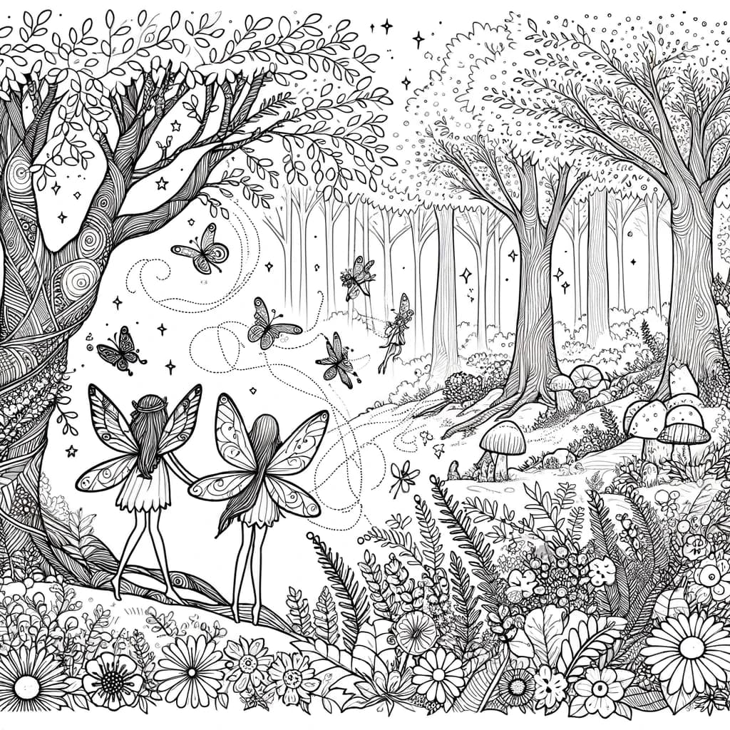 Ausmalbild - Zauberwald Feen - Feen, Wald, Bäumen, Blumen