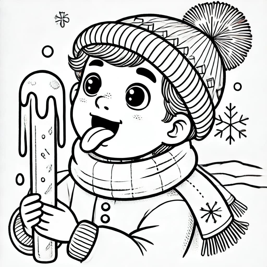 Ausmalbild - Junge mit Eiszapfen - Winter, Junge, Eiszapfen, Schnee