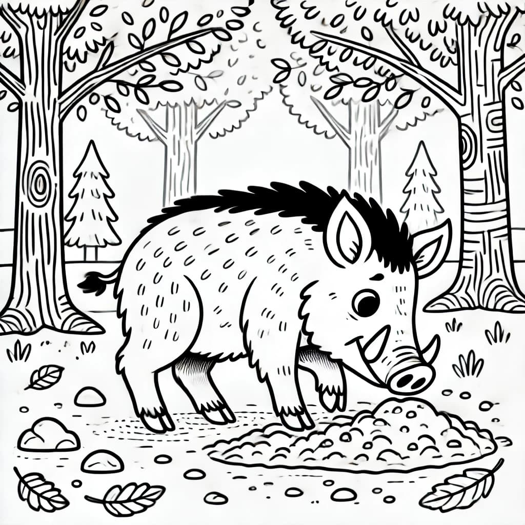 Ausmalbild - Wildschwein im Wald - Wildschwein, Wald, Natur, Boden