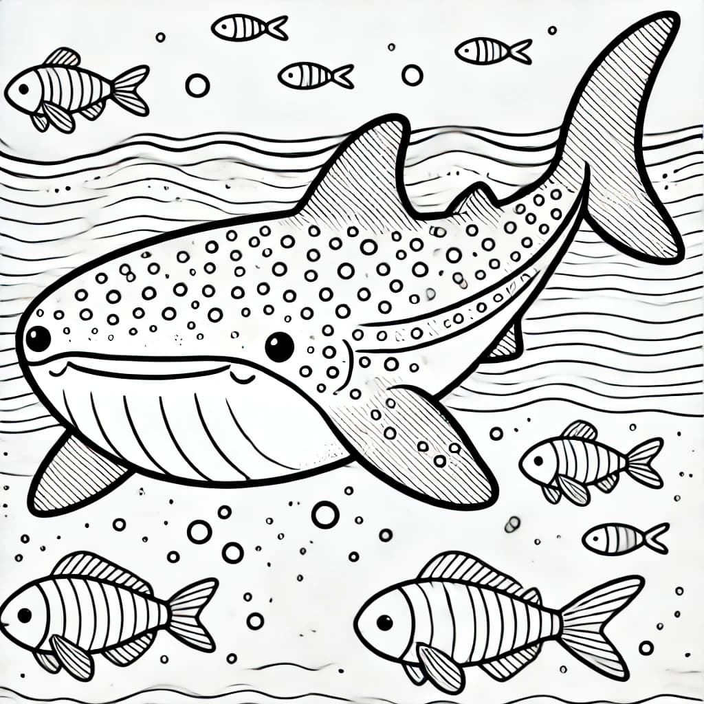Ausmalbild - Freundlicher Walhai im Meer - Walhai, Ozean, Fische, Meereswelt