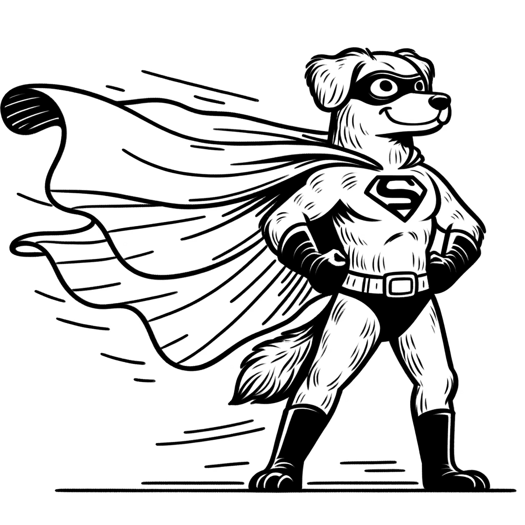 Ausmalbild - Superhelden-Hund im Einsatz - Superheld, Hund, Cape, Maske
